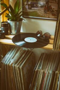 nostalgic style view of shelf with vinyl records, how to store vinyl records